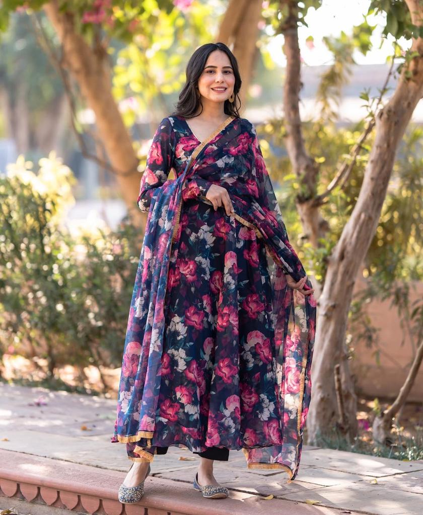 Navy Blue Anarkali Gown in Faux Georgette with Digital Floral Print Clothsvilla