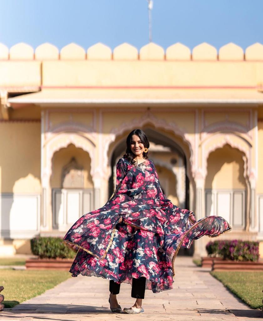 Navy Blue Anarkali Gown in Faux Georgette with Digital Floral Print Clothsvilla