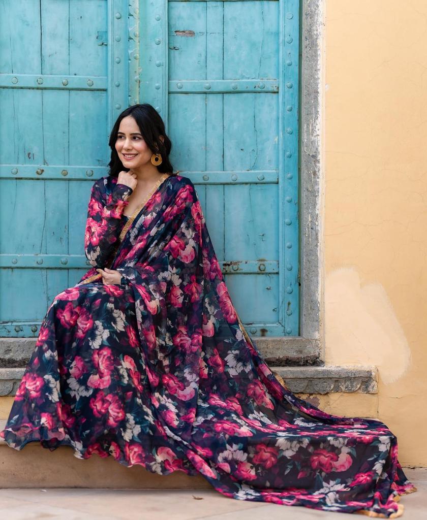 Navy Blue Anarkali Gown in Faux Georgette with Digital Floral Print Clothsvilla