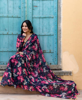 Navy Blue Anarkali Gown in Faux Georgette with Digital Floral Print Clothsvilla