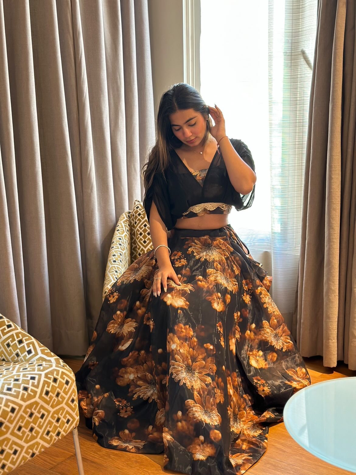 Organza Black Color Digital Printed Crop Top With Lehenga Clothsvilla