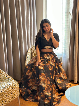 Organza Black Color Digital Printed Crop Top With Lehenga Clothsvilla
