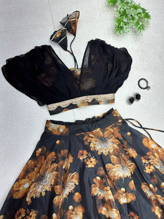 Organza Black Color Digital Printed Crop Top With Lehenga Clothsvilla