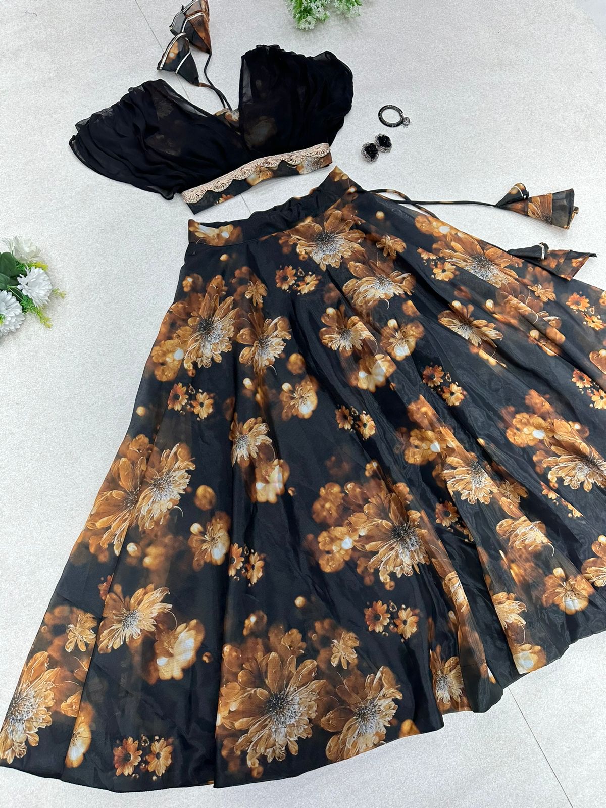 Organza Black Color Digital Printed Crop Top With Lehenga Clothsvilla