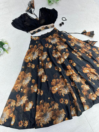 Organza Black Color Digital Printed Crop Top With Lehenga Clothsvilla