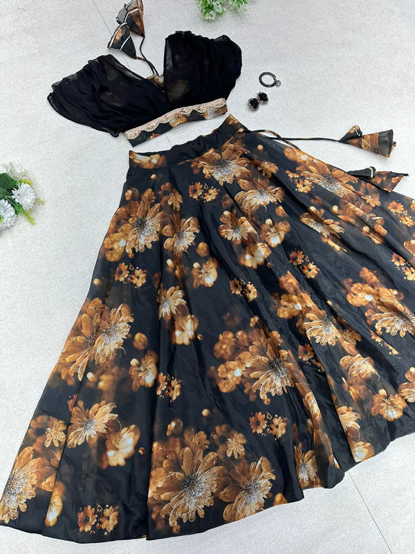 Organza Black Color Digital Printed Crop Top With Lehenga Clothsvilla