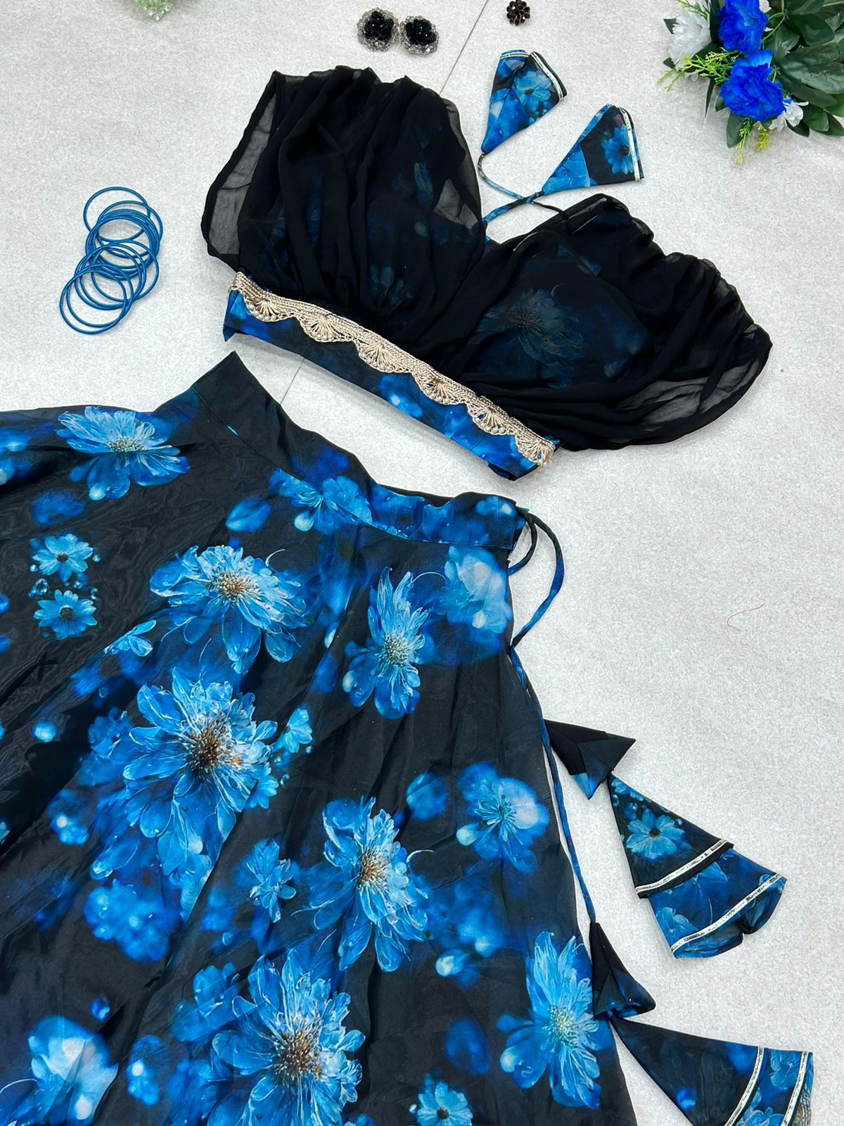 Organza Blue Color Digital Printed Crop Top With Lehenga Clothsvilla