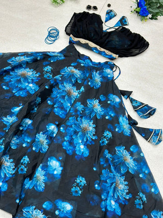 Organza Blue Color Digital Printed Crop Top With Lehenga Clothsvilla