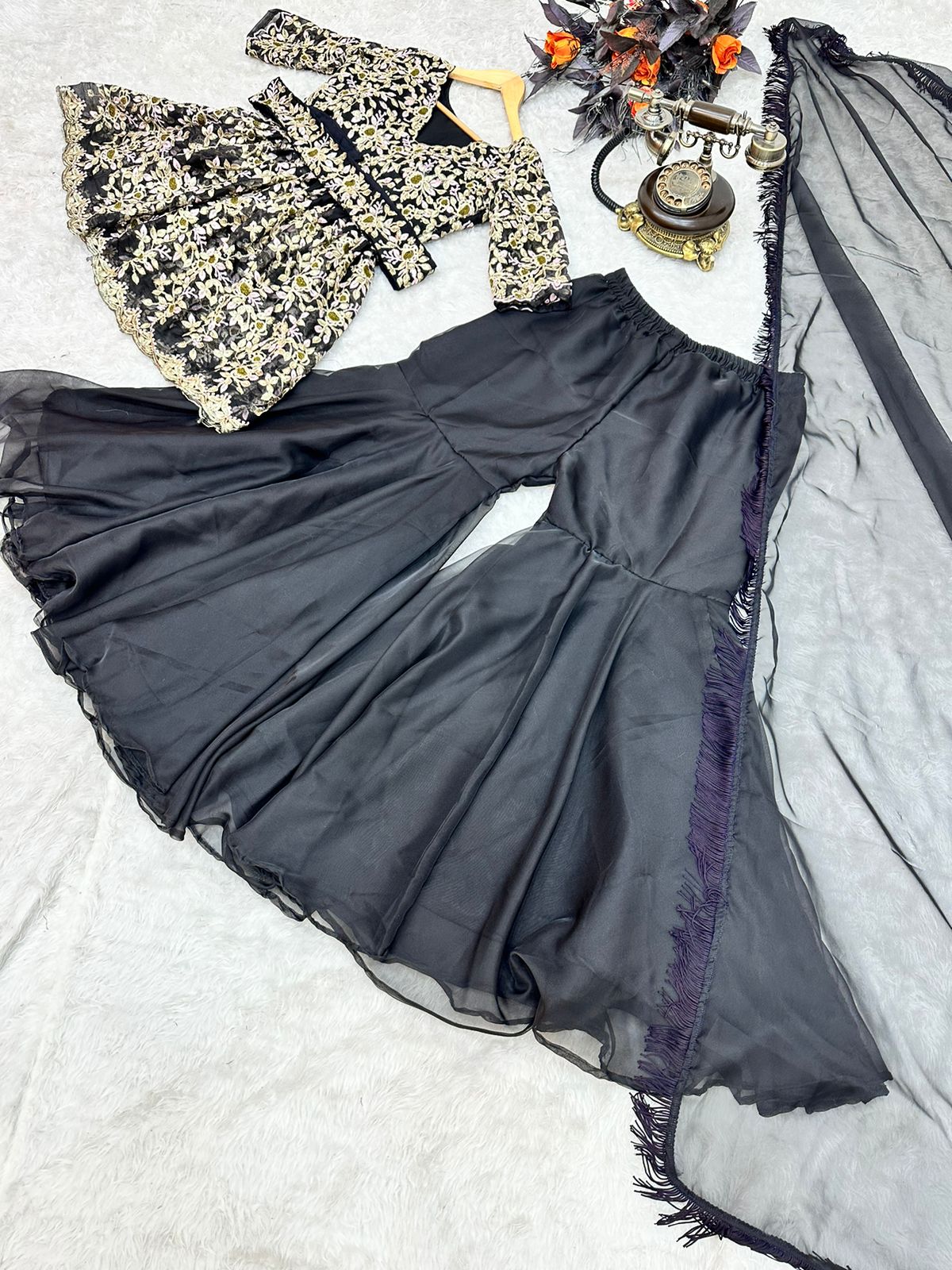 Black Sharara Suit in Organza Silk With Embroidery Work Clothsvilla