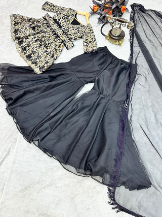 Black Sharara Suit in Organza Silk With Embroidery Work Clothsvilla