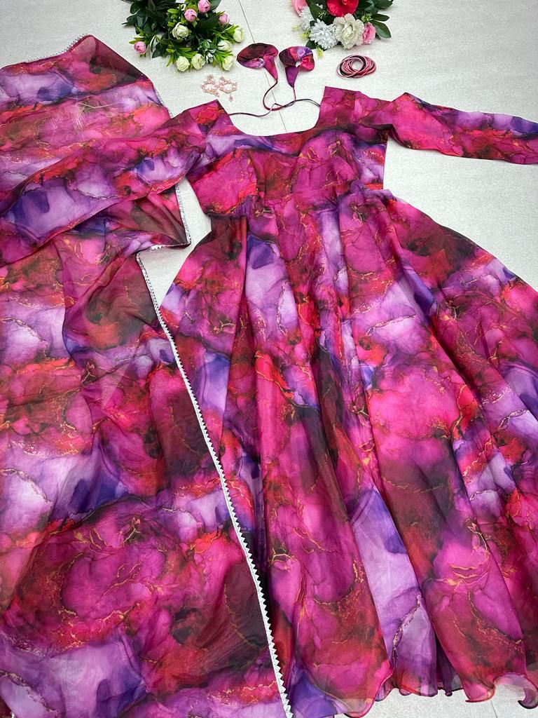 Party Wear Dark Pink Color Organza Gown Clothsvilla