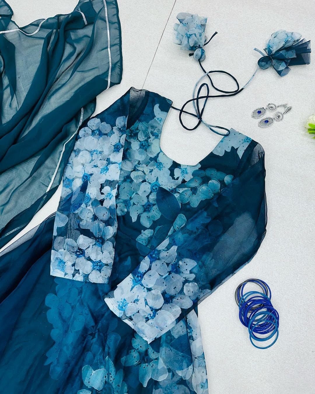 Blue Color Digital Printed Organza Silk Gown Clothsvilla Main image