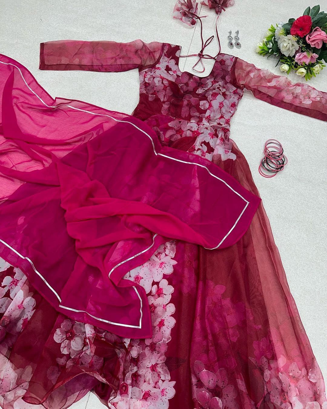 Dark Pink Color Digital Printed Organza Silk Gown Clothsvilla