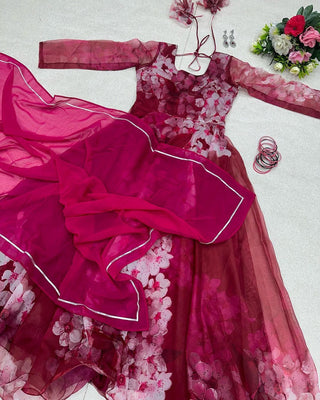 Dark Pink Color Digital Printed Organza Silk Gown Clothsvilla