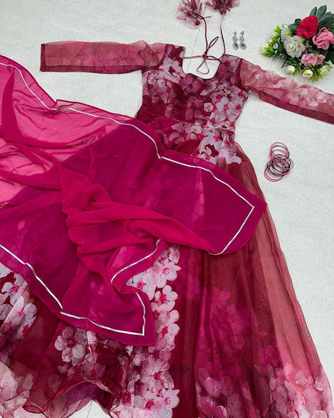 Dark Pink Color Digital Printed Organza Silk Gown Clothsvilla Main image