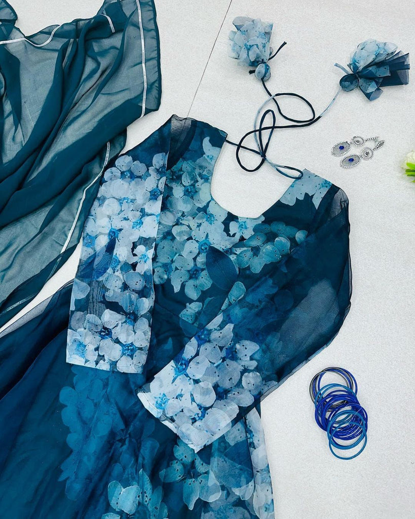 Blue Color Digital Printed Organza Silk Gown Clothsvilla