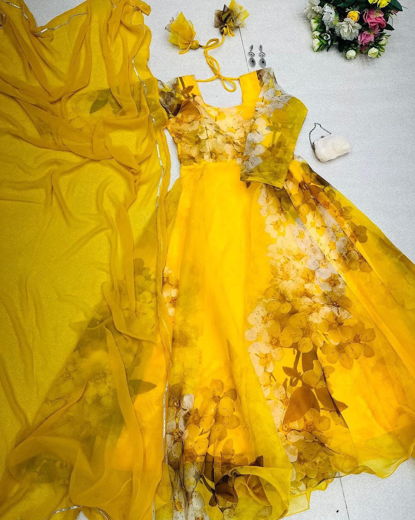 Yellow Color Digital Printed Organza Silk Gown Clothsvilla