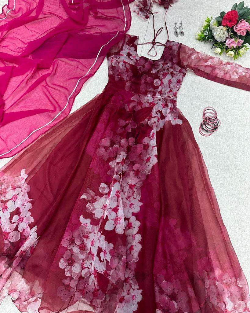 Dark Pink Color Digital Printed Organza Silk Gown Clothsvilla
