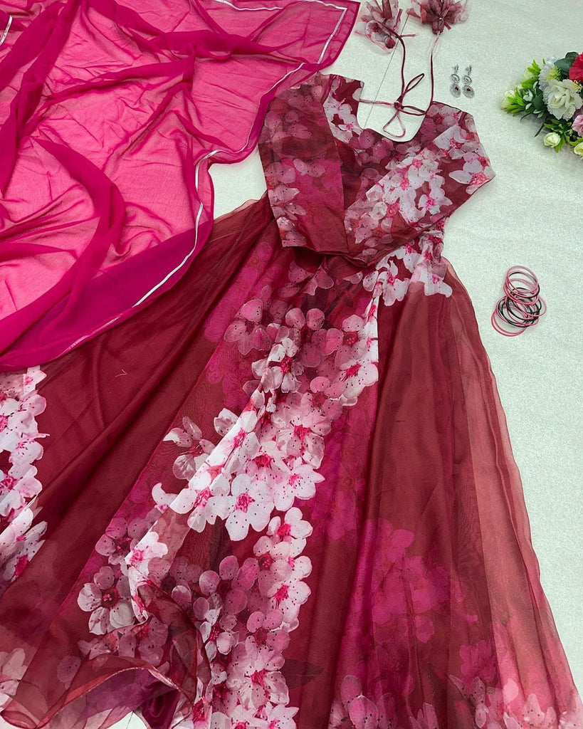 Dark Pink Color Digital Printed Organza Silk Gown Clothsvilla