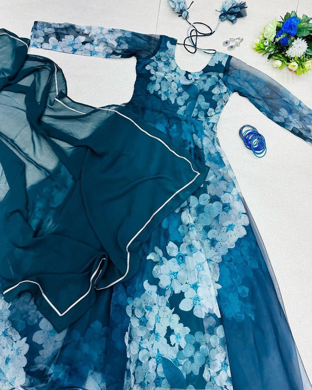 Blue Color Digital Printed Organza Silk Gown Clothsvilla