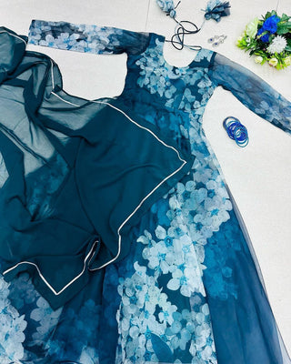 Blue Color Digital Printed Organza Silk Gown Clothsvilla