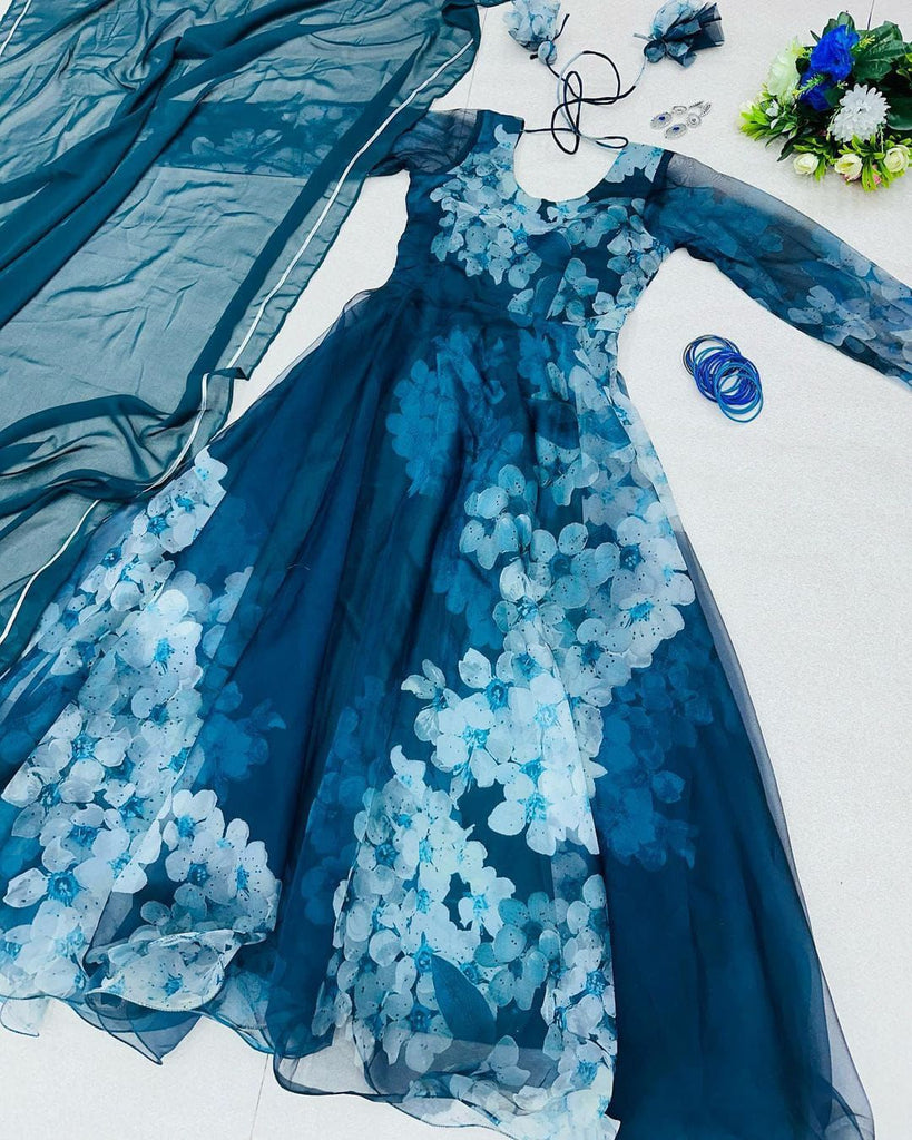 Blue Color Digital Printed Organza Silk Gown Clothsvilla