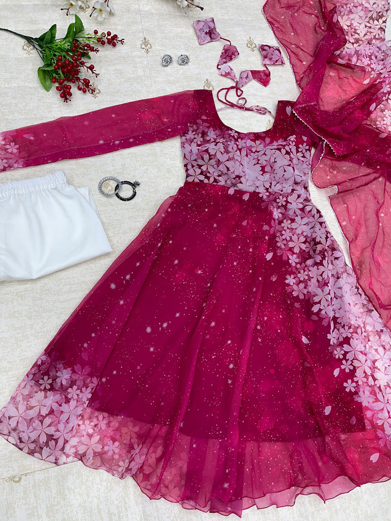 Gorgeous Digital Printed Dark Pink Color Gown Clothsvilla