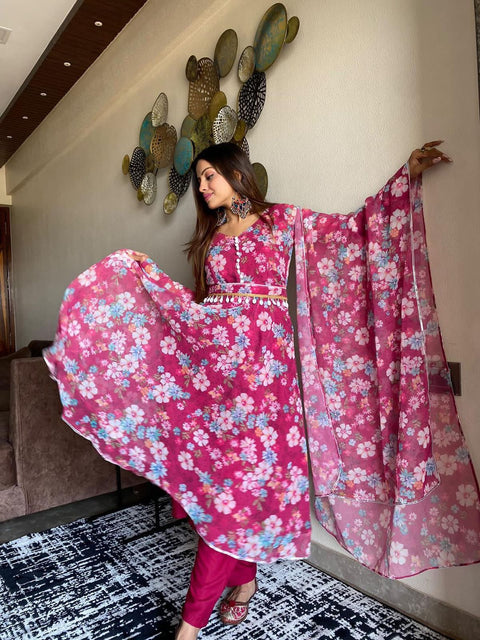 Daisy Wine Color Digital Print Anarkali Gown Main image