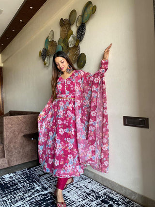 Daisy Wine Color Digital Print Anarkali Gown