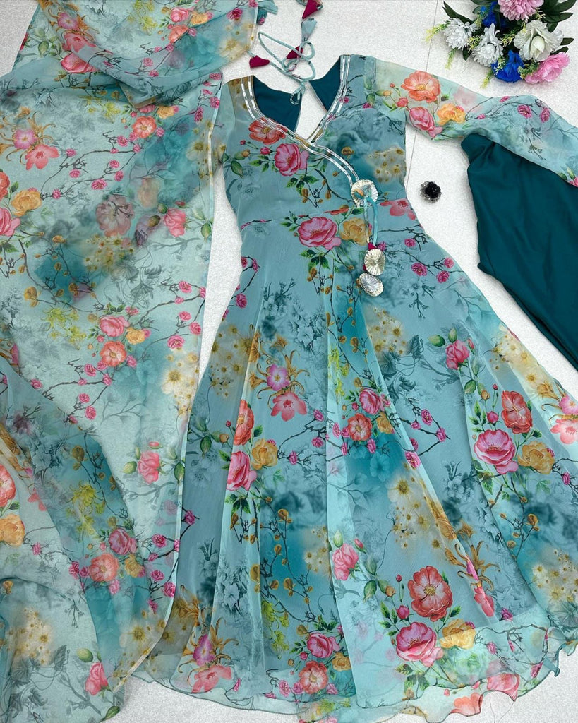 Fabulous Sky Blue Color Printed Anarkali Gown Clothsvilla