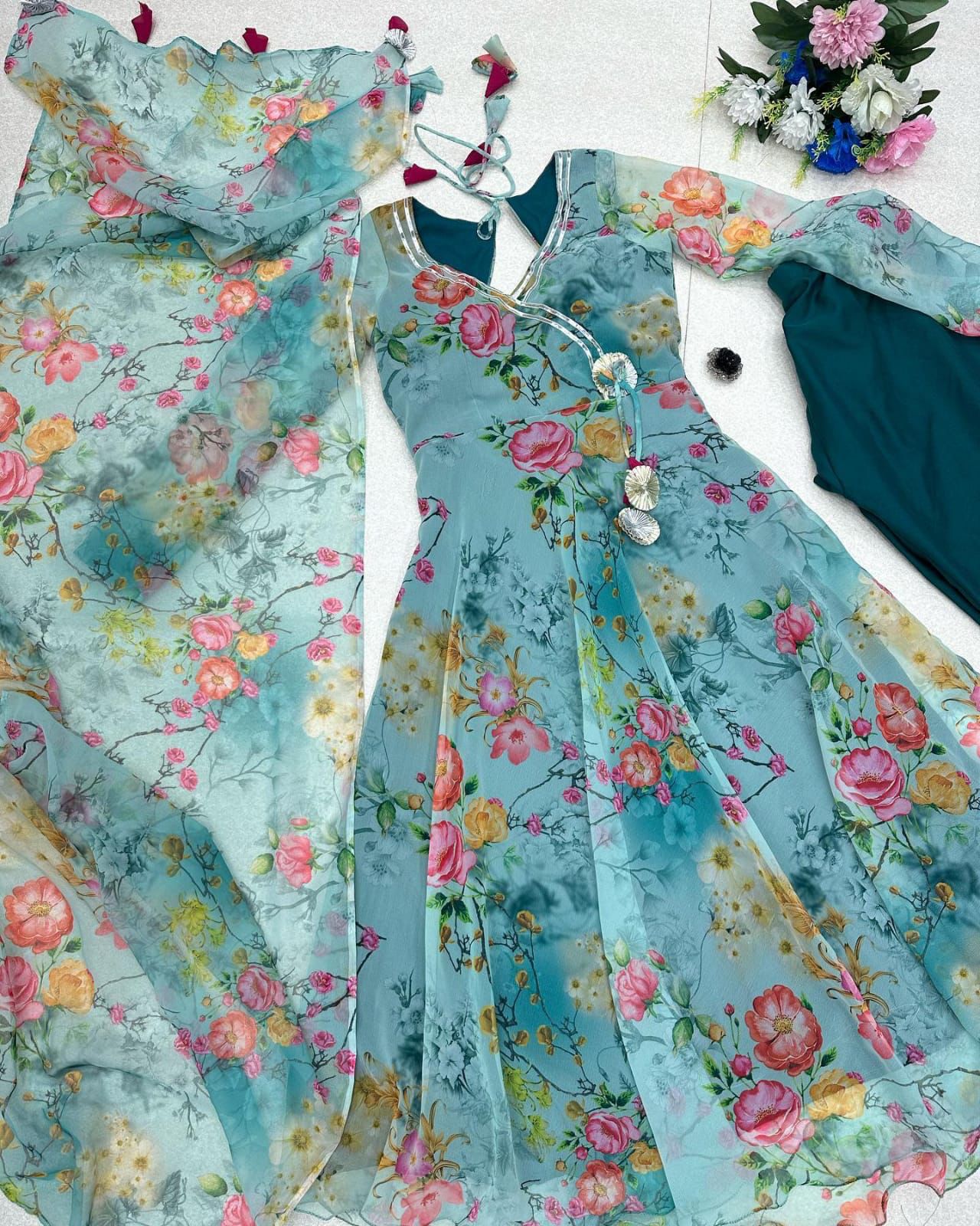 Fabulous Sky Blue Color Printed Anarkali Gown Clothsvilla