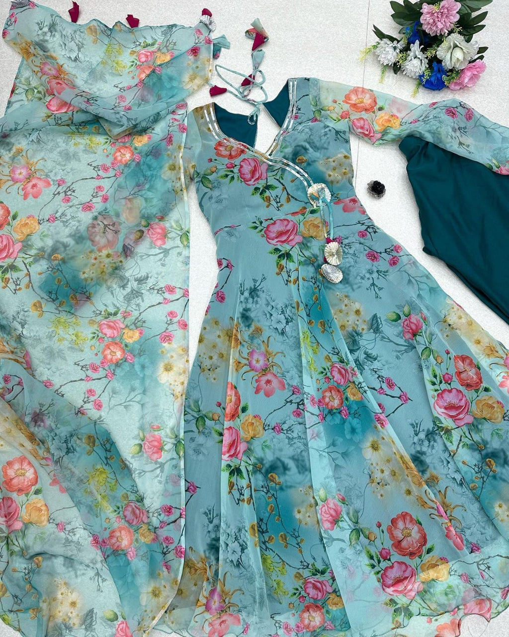 Fabulous Sky Blue Color Printed Anarkali Gown Clothsvilla