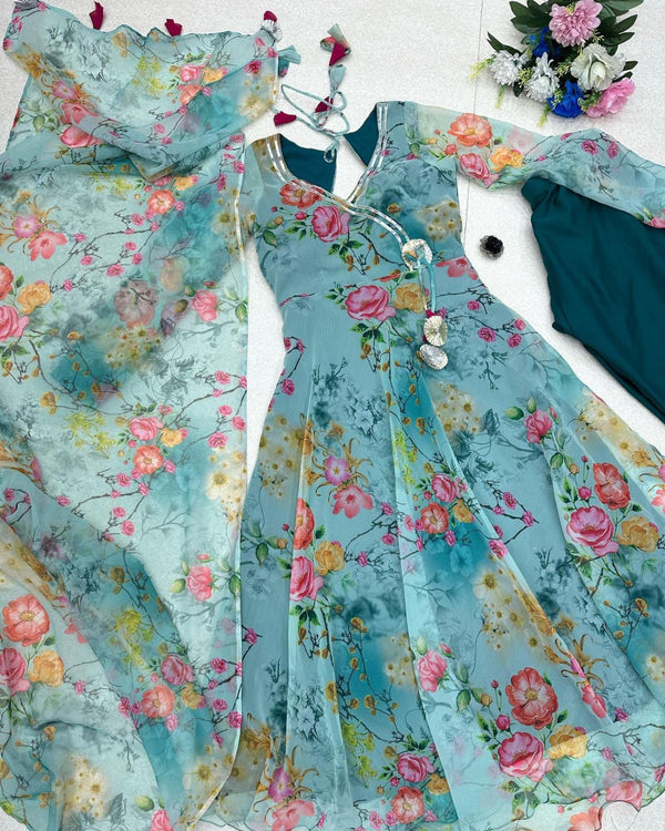 Fabulous Sky Blue Color Printed Anarkali Gown Clothsvilla