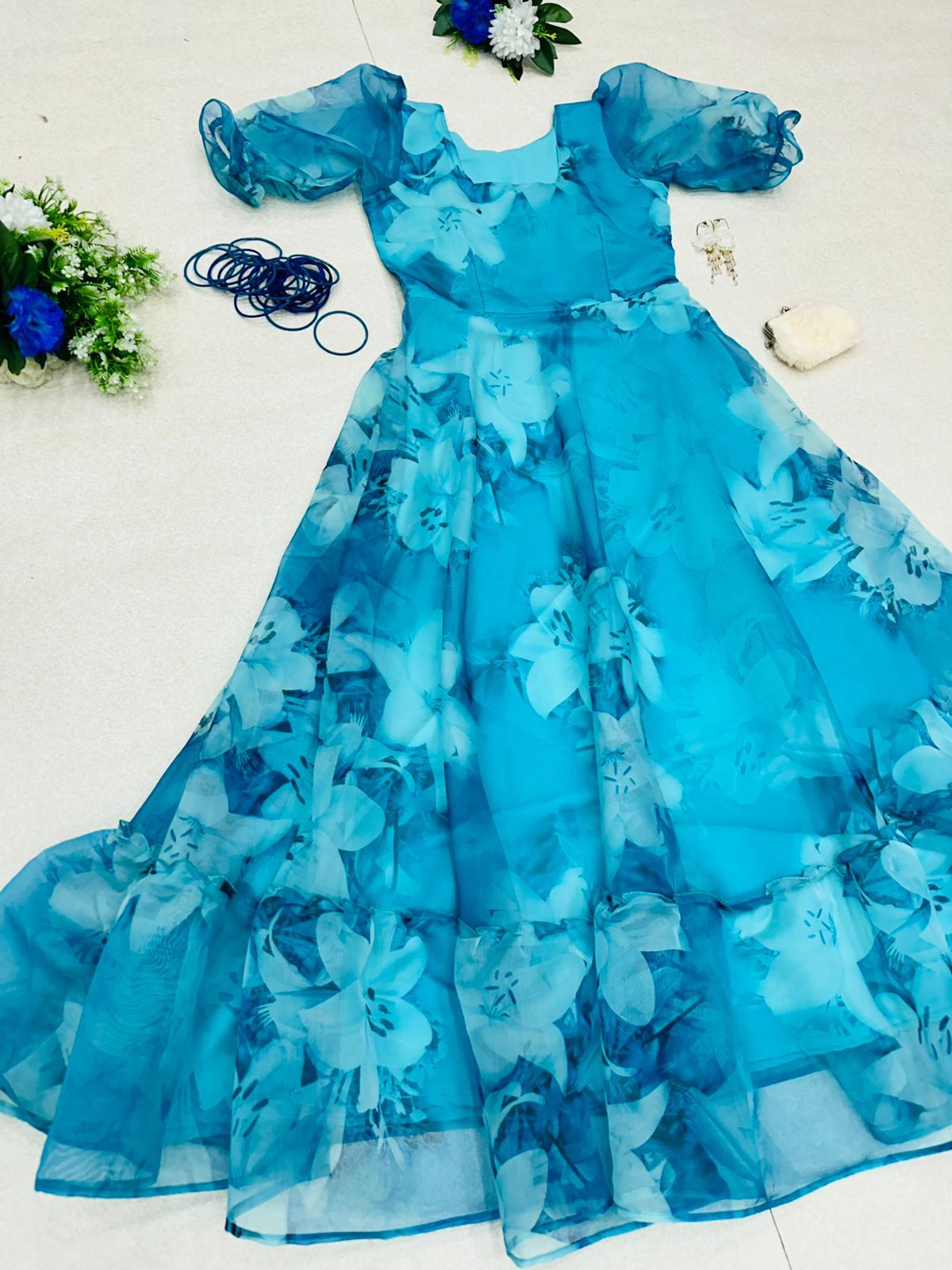 Delicate Organza Silk Sky Blue Color Digital Printed Gown Clothsvilla