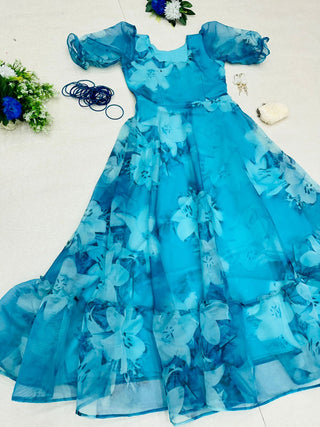 Delicate Organza Silk Sky Blue Color Digital Printed Gown Clothsvilla