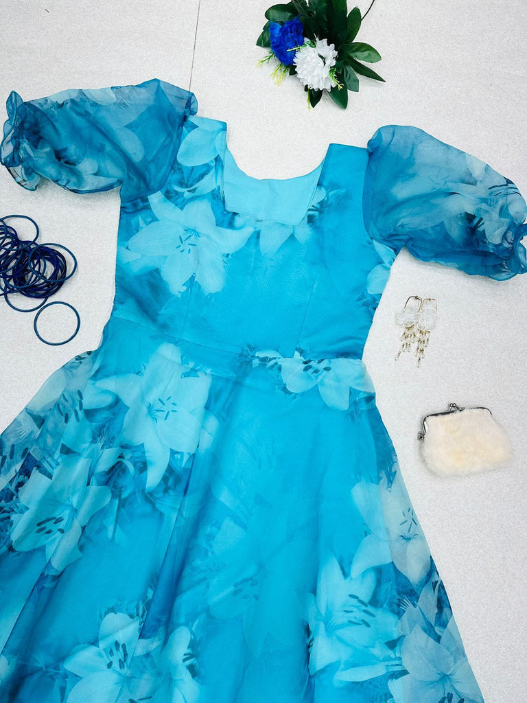 Delicate Organza Silk Sky Blue Color Digital Printed Gown Clothsvilla