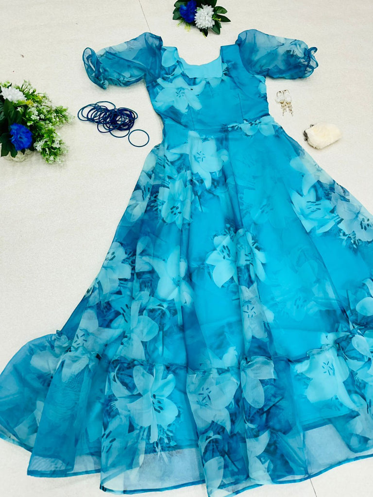 Delicate Organza Silk Sky Blue Color Digital Printed Gown Clothsvilla