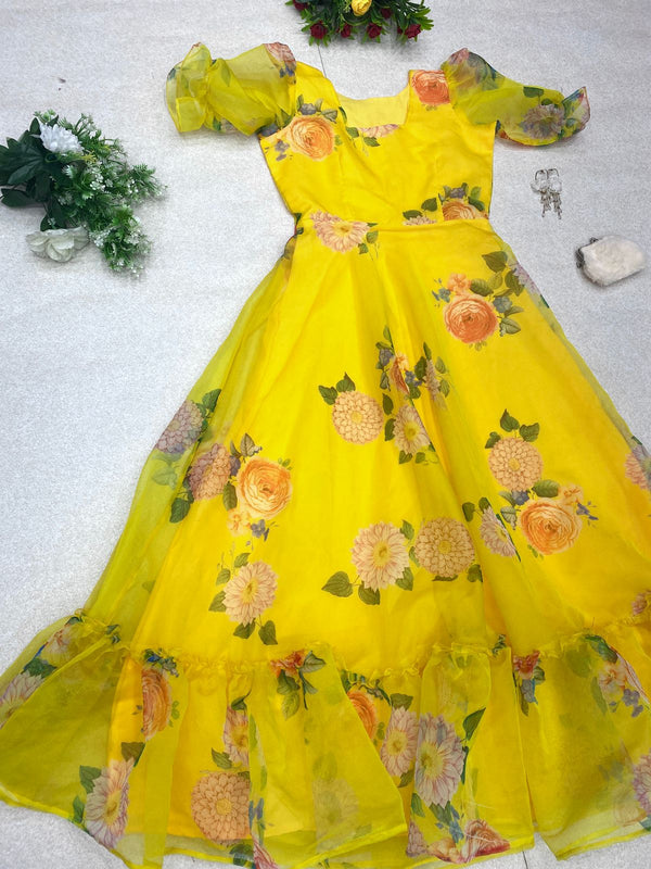 Delicate Organza Silk Yellow Color Digital Printed Gown Clothsvilla