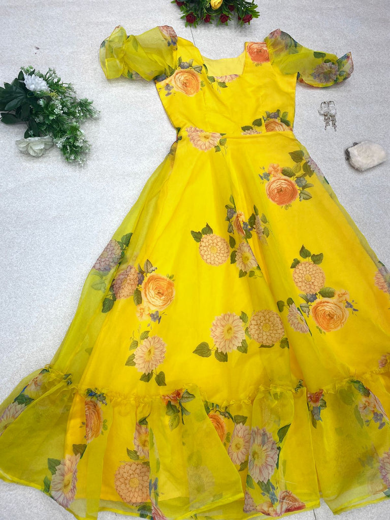 Delicate Organza Silk Yellow Color Digital Printed Gown Clothsvilla