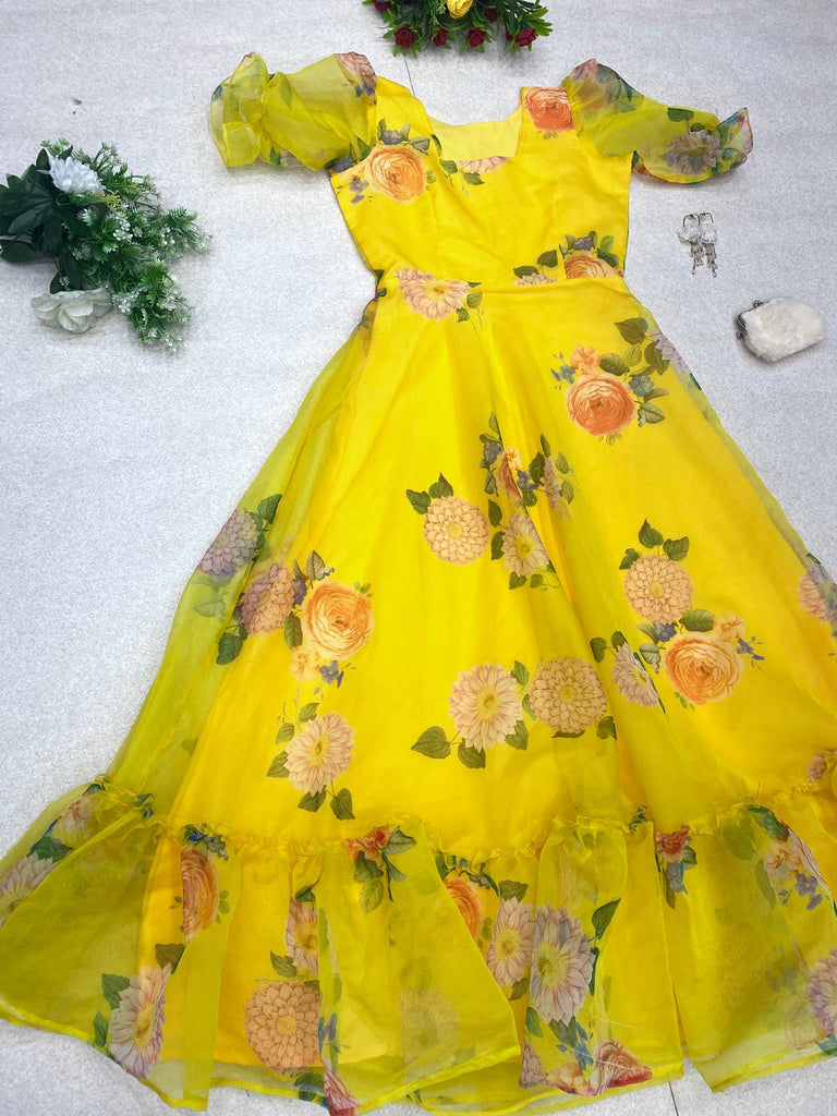 Delicate Organza Silk Yellow Color Digital Printed Gown Clothsvilla