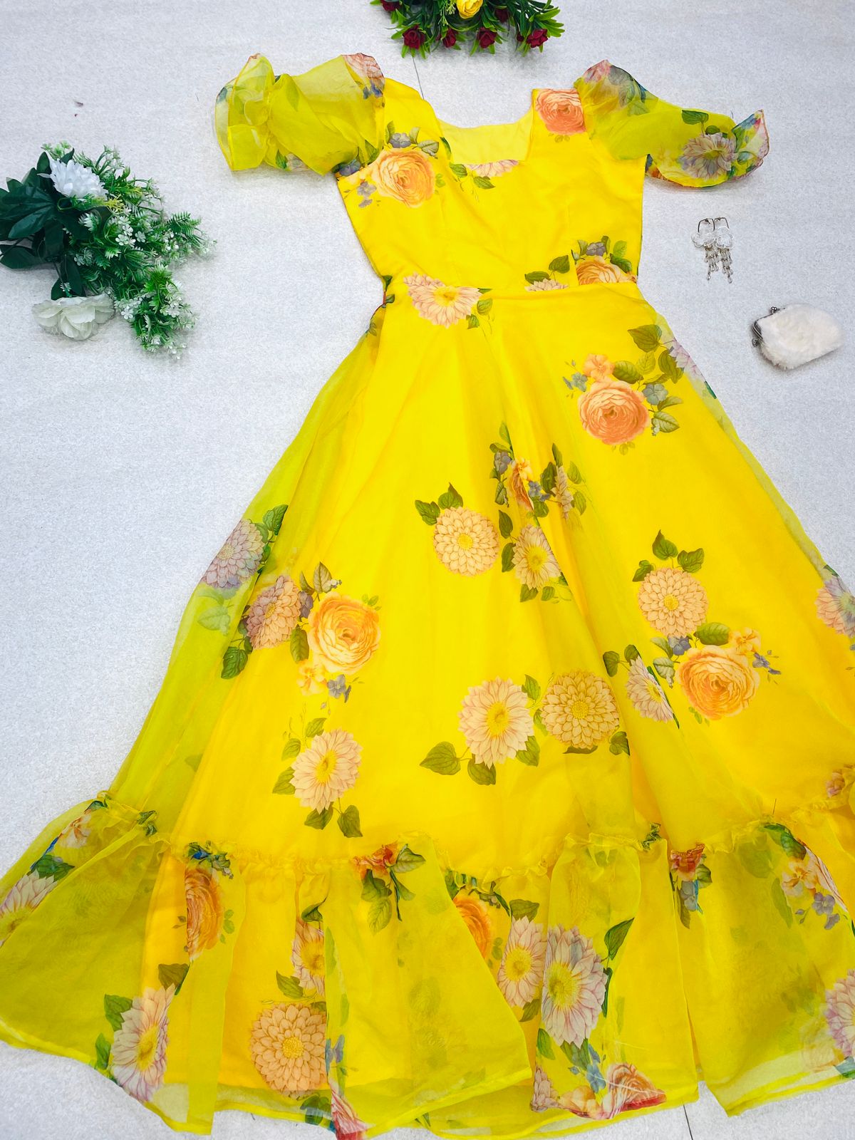 Delicate Organza Silk Yellow Color Digital Printed Gown Clothsvilla
