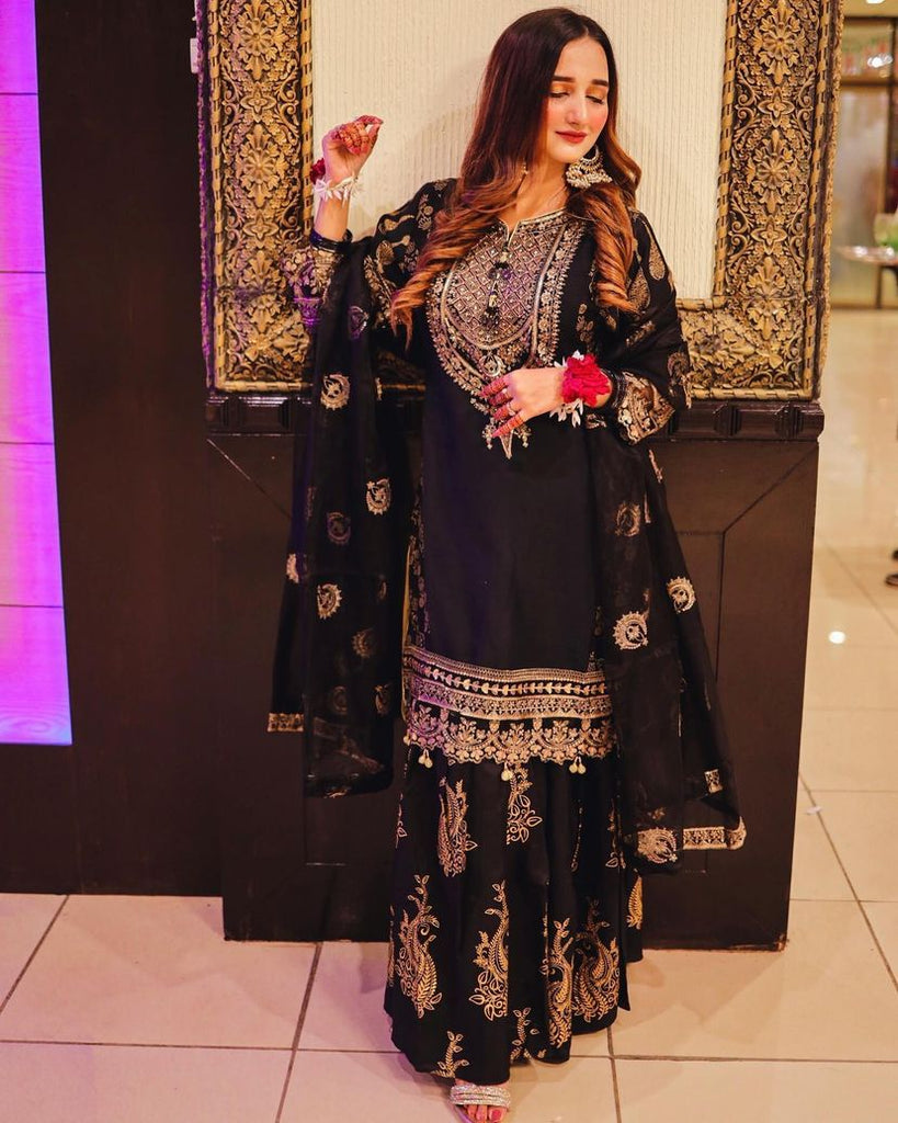 Engagement Wear Black Color Embroidery With Sequence Work Sharara Suit Clothsvilla