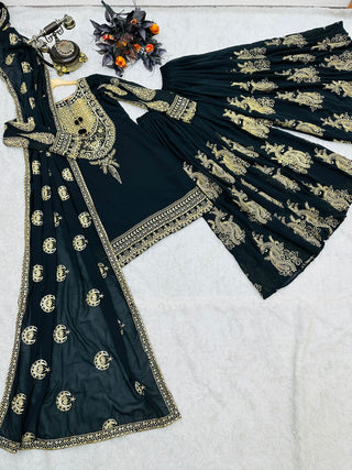 Engagement Wear Black Color Embroidery With Sequence Work Sharara Suit Clothsvilla