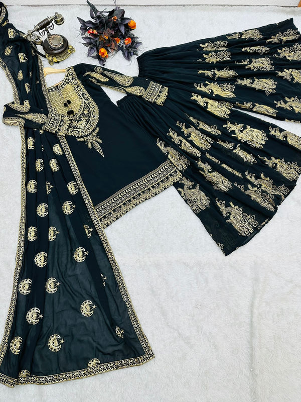 Engagement Wear Black Color Embroidery With Sequence Work Sharara Suit Clothsvilla