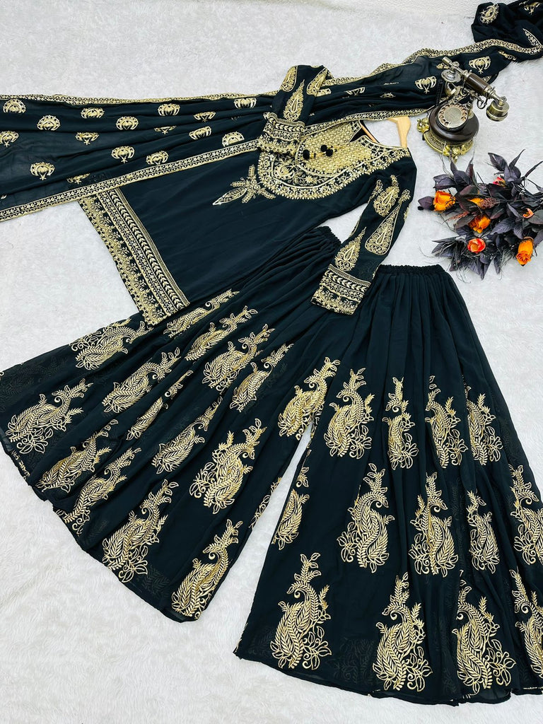 Engagement Wear Black Color Embroidery With Sequence Work Sharara Suit Clothsvilla