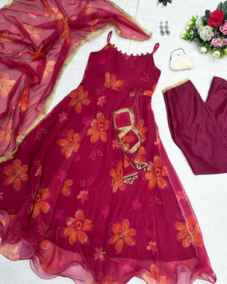 Innovative Digital Printed Work Wine Color Gown Clothsvilla