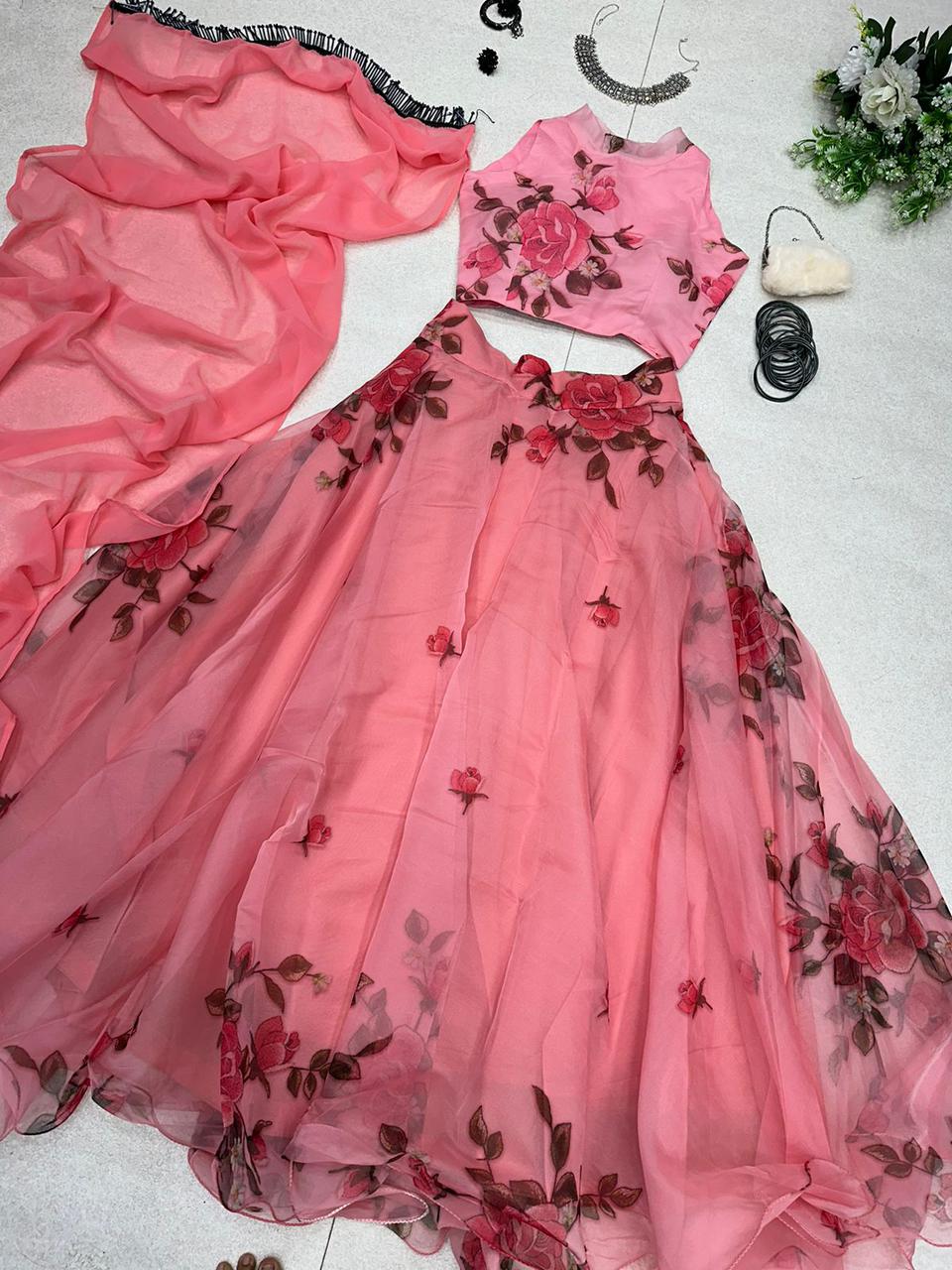Flattering Organza Silk Peach Color Lehenga Choli Clothsvilla