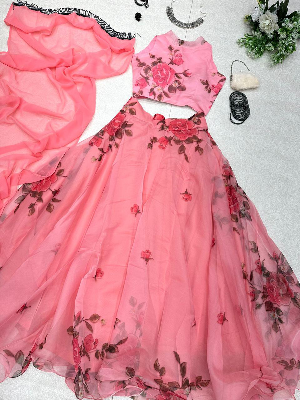 Flattering Organza Silk Peach Color Lehenga Choli Clothsvilla