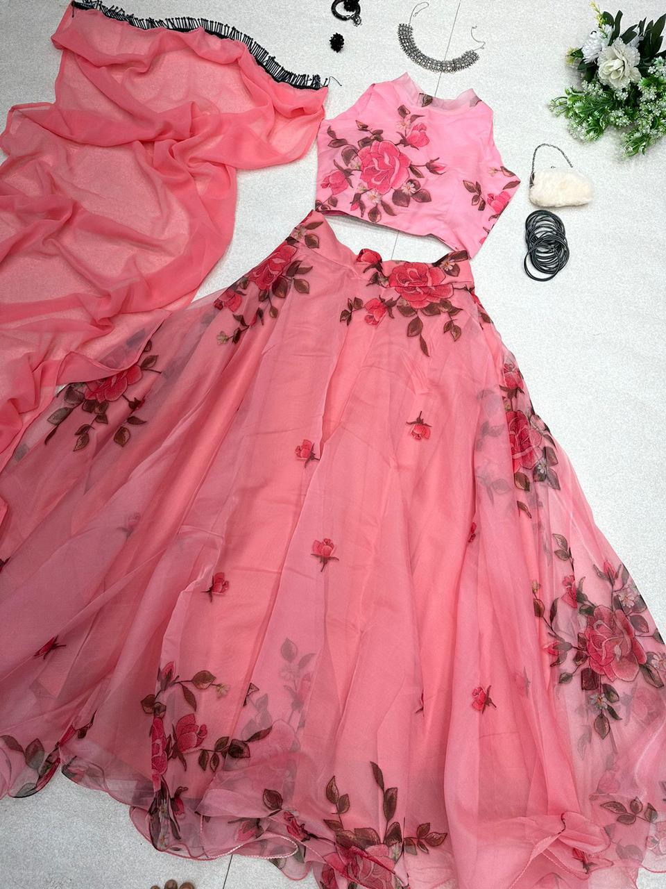 Flattering Organza Silk Peach Color Lehenga Choli Clothsvilla