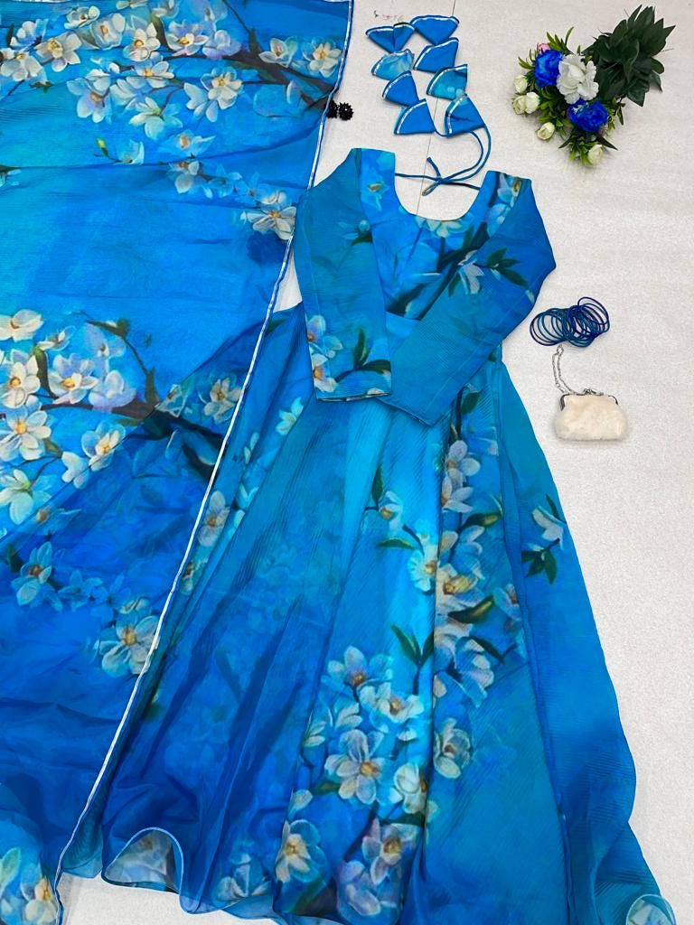 Lovely Organza Silk Sky Blue Color Digital Printed Gown